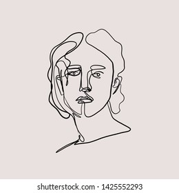	
Abstract one line continuous face. Stylized woman portrait in modern trendy minimalism graphic style. Beauty single logo. 