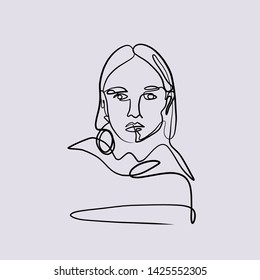 	
Abstract one line continuous face. Stylized woman portrait in modern trendy minimalism graphic style. Beauty single logo. 