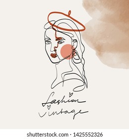 	
Abstract one line continuous face. Stylized woman portrait in modern trendy minimalism graphic style. Beauty single logo. 