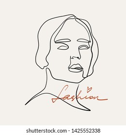 	
Abstract one line continuous face. Stylized woman portrait in modern trendy minimalism graphic style. Beauty single logo. 