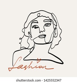 	
Abstract one line continuous face. Stylized woman portrait in modern trendy minimalism graphic style. Beauty single logo. 