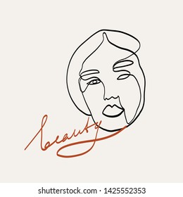 	
Abstract one line continuous face with typography slogan - beauty. Fashion minimalistic concept. Simple stylized silhouette female icon. 