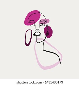 Abstract one line continuous face. Contemporary drawing in modern cubism style. Portrait of a woman face isolated on colorful pink elements, shapes. 