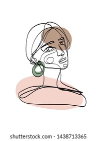 Abstract one line continuous face. Contemporary drawing in modern cubism style. Portrait of a woman face with different geometric elements of pastel colors - pink, green, brown