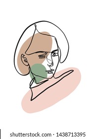 Abstract one line continuous face. Contemporary drawing in modern cubism style. Portrait of a woman face with different geometric elements of pastel colors - pink, green, brown