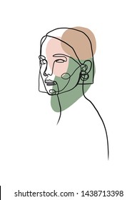 Abstract one line continuous face. Contemporary drawing in modern cubism style. Portrait of a woman face with different geometric elements of pastel colors - pink, green, brown