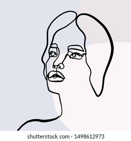 Abstract one line continuous face. Contemporary drawing in modern cubism style. Portrait of a woman face isolated on colorful pastel textures with shapes. 