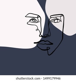 Abstract one line continuous face. Contemporary drawing in modern cubism style. Portrait of a woman face isolated on colorful pastel textures with shapes. 