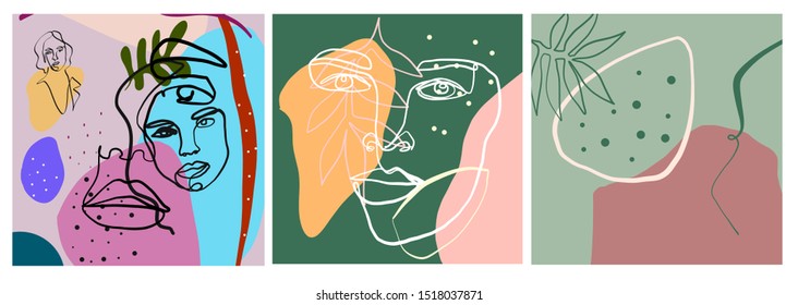 Abstract one line continuous face. Creative texture with brush strokes, freehand bright colors geometric elements, shapes. Aesthetic contemporary collage. Trendy set design