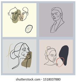 Abstract one line continuous face. Creative texture with brush strokes, freehand bright colors geometric elements, shapes. Aesthetic contemporary collage. Trendy set design