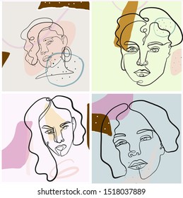 Abstract one line continuous face. Creative texture with brush strokes, freehand bright colors geometric elements, shapes. Aesthetic contemporary collage. Trendy set design