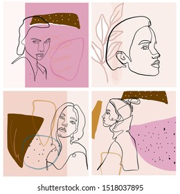 Abstract one line continuous face. Creative texture with brush strokes, freehand bright colors geometric elements, shapes. Aesthetic contemporary collage. Trendy set design