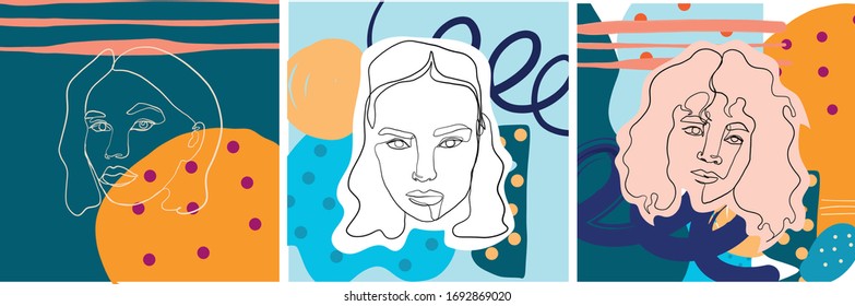 Abstract one line continuous face. Creative texture with brush strokes, freehand bright colors geometric elements, shapes. Aesthetic contemporary collage. Trendy set design
