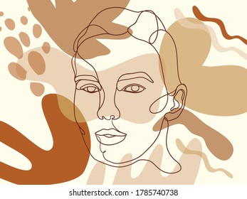 Abstract one line continuous face. Contemporary drawing in modern cubism style. Portrait of a woman face isolated on colorful pastel textures with shapes.