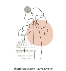 Abstract one line continuous poppy flower drawing on geometric shapes background in minimal style. Botanical floral illustration for summer prints, cover, wall decor, template. Vector art