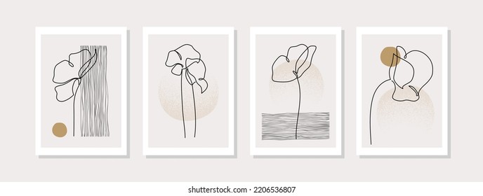 Abstract one line continuous poppy flower drawing on geometric shapes background in minimal style. Botanical floral collection. Set of illustration for summer prints, cover, wall decor. Vector art