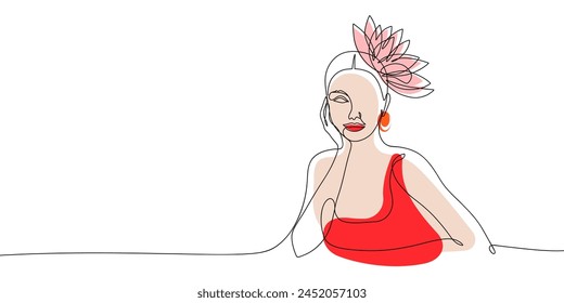 Abstractas una línea mujer continua en vestido rojo retrato minimalista sobre fondo blanco. Ilustración vectorial de contorno dibujada a mano.