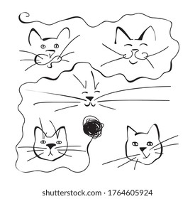 Resumen Colección de caras de gato de dibujo de una línea. Arte retrato de gatos de moda para diseño interior, impresión de imágenes, línea continua dibuja cabeza gitana, contorno simple cabeza animal vectorial Ilustración