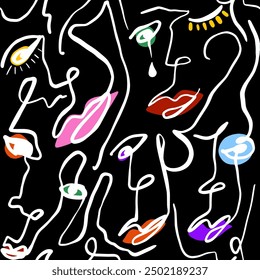 Abstract One Line Drawing Crying Woman Girl Faces Eyes Lips Doodle Retro Seamless Pop Art Surreal Vector Pattern Isolated Background