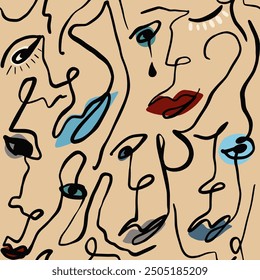 Abstract One Line Drawing Crying Woman Girl Faces Eyes Lips Doodle Retro Seamless Pop Art Surreal Vector Pattern Isolated Background