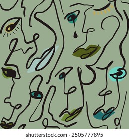 Abstract One Line Drawing Crying Woman Girl Faces Eyes Lips Doodle Retro Seamless Pop Art Surreal Vector Pattern Isolated Background