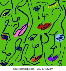 Abstract One Line Drawing Crying Woman Girl Faces Eyes Lips Doodle Retro Seamless Pop Art Surreal Vector Pattern Isolated Background