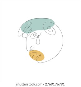 Abstract one line drawing of a crying face with blue and yellow shapes
