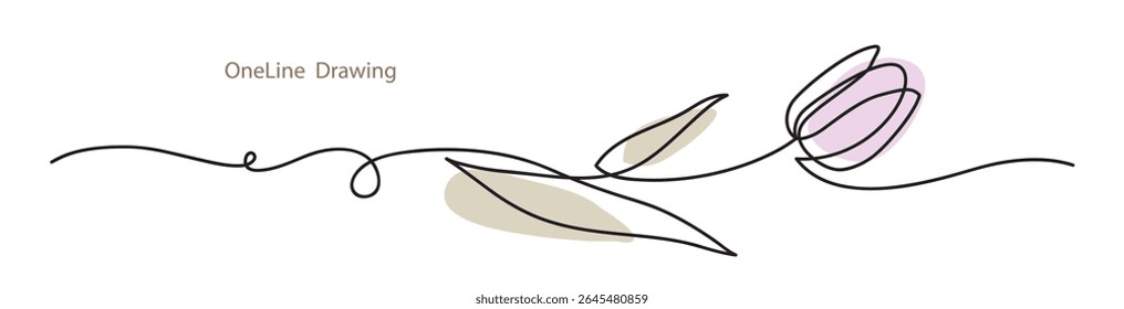 Abstract one line drawing. Decorative horizontal ornament with pink tulip and leaf. Beautiful blossoming hand drawn flower on white. Line art for frame design. Vector stock illustration. Not Ai.
