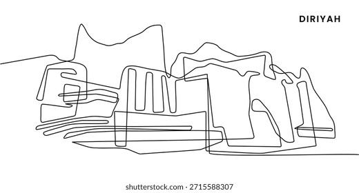 Resumo Um desenho de uma linha da paisagem urbana de Diriyah representando a arquitetura tradicional saudita e a identidade histórica da cidade do deserto