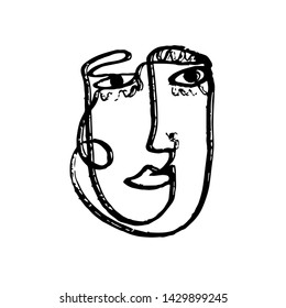 	
Abstract one line drawing. Doodle faces in surrealistic minimal style with colorful elements. Scandinavian poster and print. Modern trendy contemporary art. 