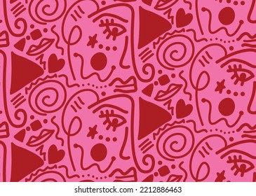 Abstract One Line Drawing Doodle Faces Masks Geometric Shapes and Hearts Repeating Vector Pattern with Isolated Background