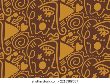 Abstraktes einzeitiges Zeichnen von Doodle-Gesichtern Masken geometrische Formen und Herzen Wiederholen eines Vektormusters mit isoliertem Hintergrund