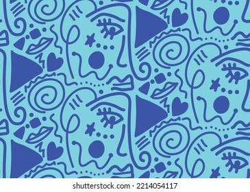 Abstract One Line Drawing Doodle Faces Masks Geometric Shapes and Hearts Repeating Vector Pattern with Isolated Background