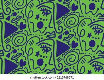 Abstract One Line Drawing Doodle Faces Masks Geometric Shapes and Hearts Repeating Vector Pattern with Isolated Background