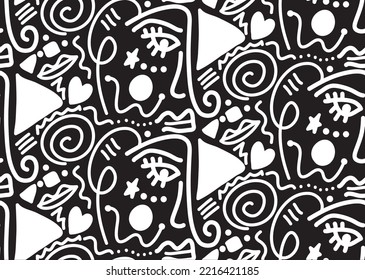 Abstract One Line Drawing Doodle Faces Masks Geometric Shapes and Hearts Repeating Vector Pattern with Isolated Background