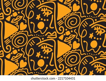 Abstract One Line Drawing Doodle Faces Masks Geometric Shapes and Hearts Repeating Vector Pattern with Isolated Background
