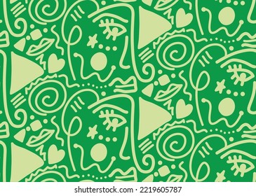 Abstract One Line Drawing Doodle Faces Masks Geometric Shapes and Hearts Repeating Vector Pattern with Isolated Background