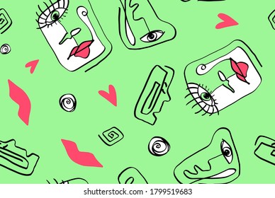 Abstract One Line Drawing Face with Lips Masks, Hearts, Geometric Circles, Greek Keys Repeating Vector for Upholstery Pattern with Isolated Background