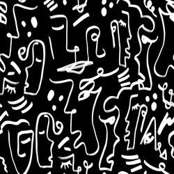 Abstract One Line Drawing Faces Masks And Geometric Shapes Repeating Vector Pattern With Isolated Background