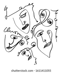 Abstract One Line Drawing Faces Vector Design Isolated Background