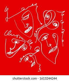 Abstract One Line Drawing Faces Vector Design Isolated Background