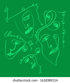 Abstract One Line Drawing Faces Vector Design Isolated Background