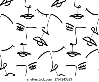 Abstract One Line Drawing Faces Masks Repeating Vector Pattern with Isolated Background