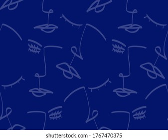 Abstract One Line Drawing Faces Masks Repeating Vector Pattern with Isolated Background