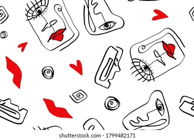 Resumen Un dibujo de una línea Cara Máscaras Corazas Círculos Geométricos Claves griegas Patrón vectorial repetitivo con fondo aislado