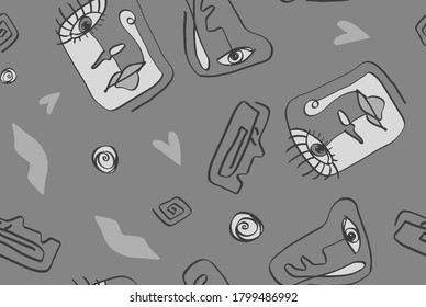 Abstract One Line Drawing Faces Masks Lips Hearts Geometric Circles Greek Keys Repeating Vector Upholstery Pattern with Isolated Background