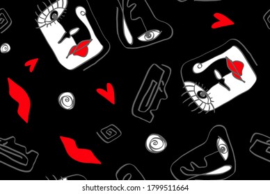 Abstract One Line Drawing Faces Masks Lips Hearts Geometric Circles Greek Keys Repeating Vector Upholstery Pattern with Isolated Background