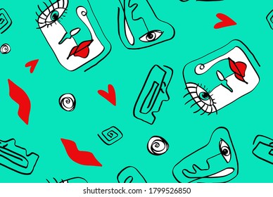 Abstract One Line Drawing Faces Masks Lips Hearts Geometric Circles Greek Keys Repeating Vector Upholstery Pattern with Isolated Background