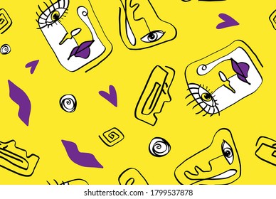 Abstract One Line Drawing Faces Masks Lips Hearts Geometric Circles Greek Keys Repeating Vector Upholstery Pattern with Isolated Background