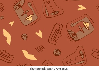 Abstract One Line Drawing Faces Masks Lips Hearts Geometric Circles Greek Keys Repeating Vector Upholstery Pattern with Isolated Background